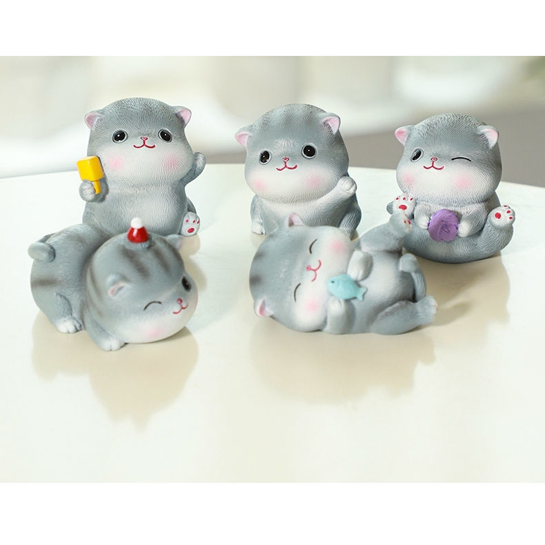 Set mô hình 5 mèo con decorative_gifts_shop, mô hình mèo mini để bàn màu xám full biểu cảm đáng yêu cute