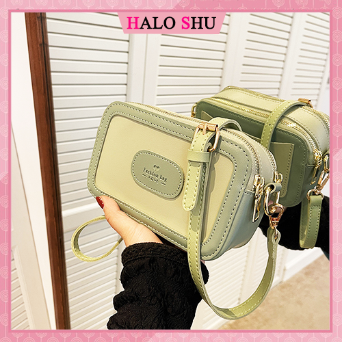 Túi xách nữ, túi đeo chéo nữ dây tăng chỉnh dáng vuông 2 ngăn HALO SHU size 19 mã HL09 xanh bơ