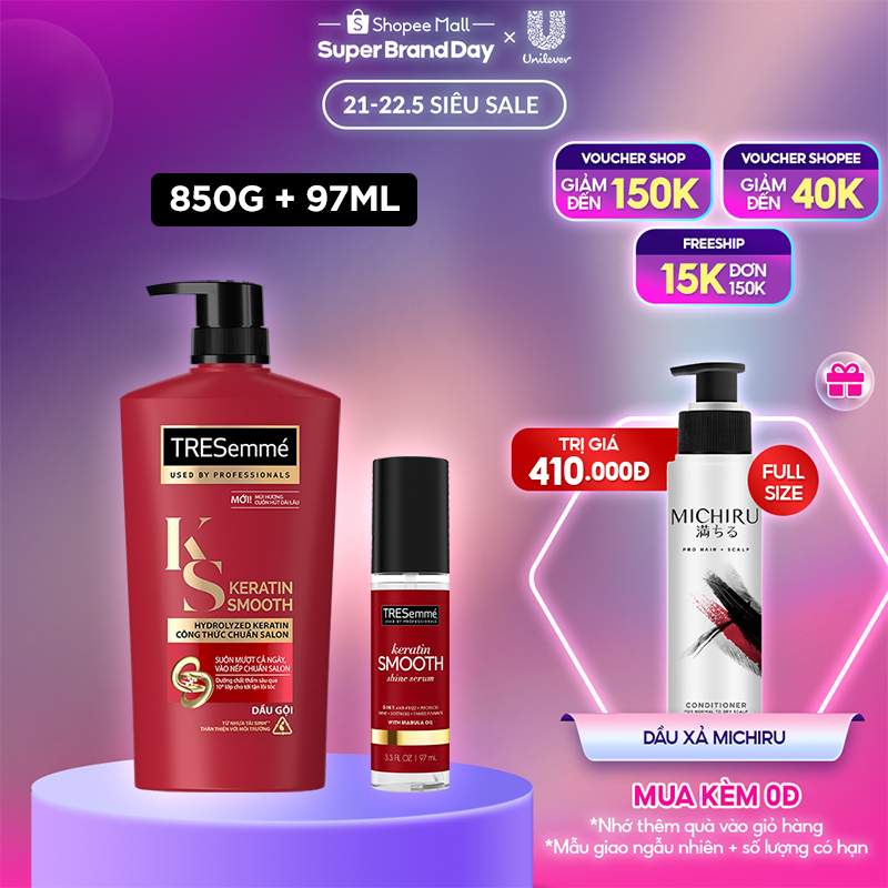 Combo Gội 850g, Serum 97ml TRESemmé Keratin Smooth Với Công Thức Hydrolyzed Keratin Vào Nếp Suôn Mượt