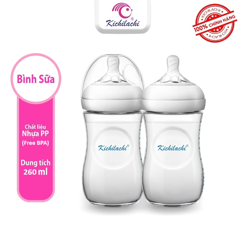 Bình sữa cổ rộng Kichi Natural 125ml 260ml núm vú siêu mềm chống sặc chống đầy hơi cho bé (không BPA