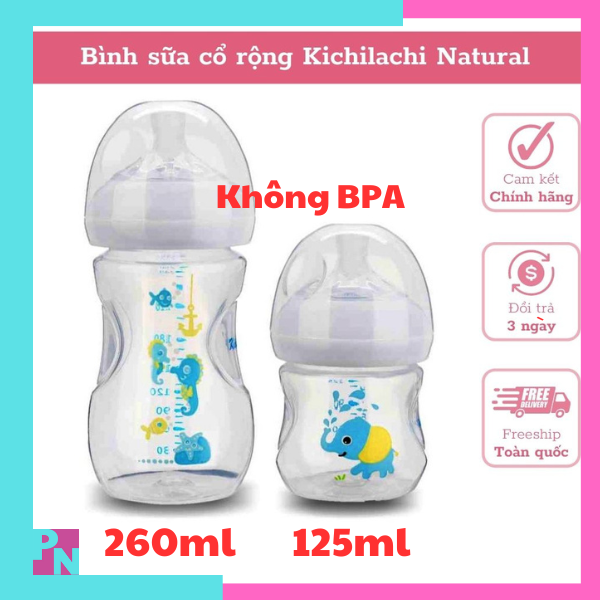 Bình sữa cổ rộng Kichilachi Natural, núm vú siêu mềm chống sặc chống đầy hơi cho bé (không BPA) dung tích 125ml - 260ml
