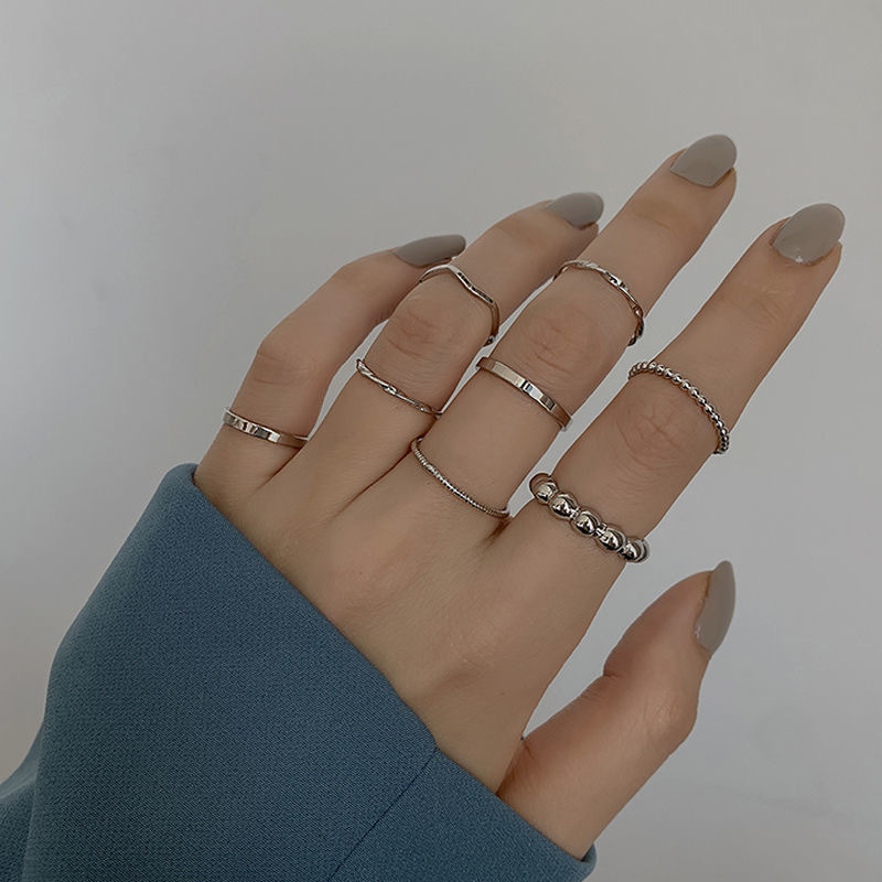 Set 8 Nhẫn Đeo Tay Mạ Bạc Phong Cách RetroThời Trang Cho Nam Nữ N07