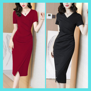 Váy Nữ Đẹp Hàng Quảng Châu Cao Cấp, Đầm Body Cổ V Nhún Eo Chất Thun Nhập Cao Cấp Sang Trọng, Quý Phái.