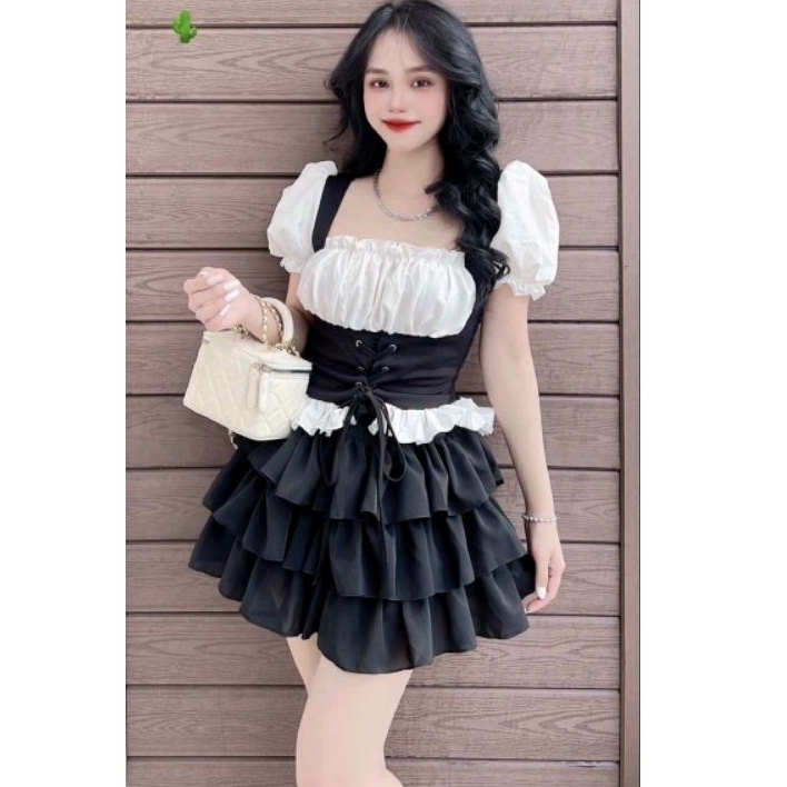 Set áo croptop tay phồng phối chân váy xoè tầng chất Kate phối voan