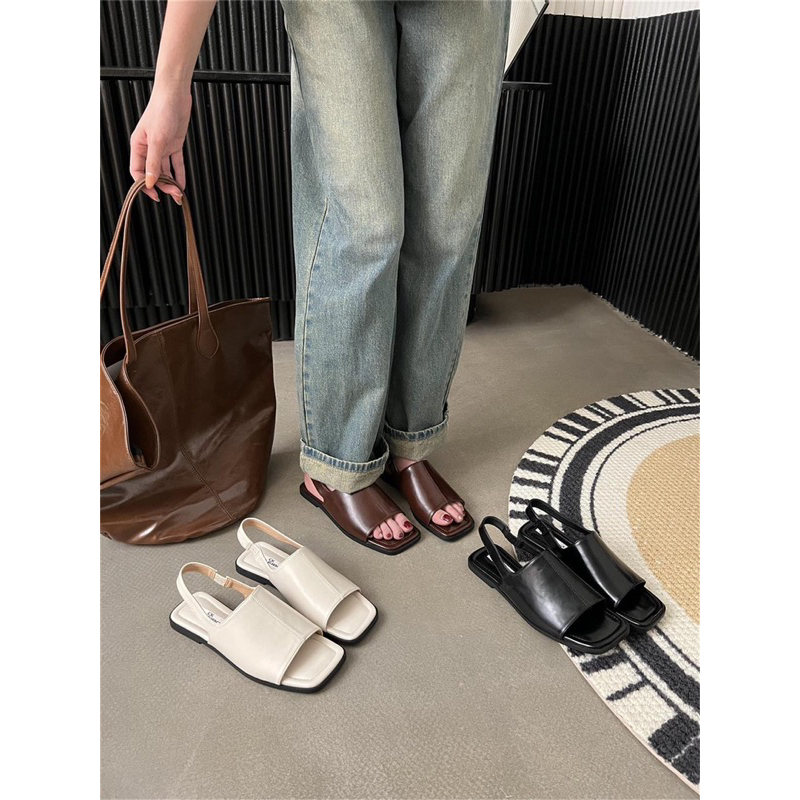TKLIHN Dép Sandal ULZZANG đế bằng DA phong cách RETRO 2023 HOT FASHIONITA