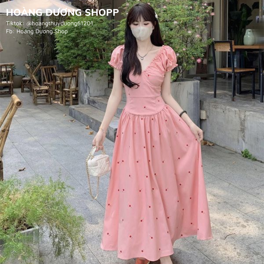 Đầm Ngắn Tay Cổ Chữ V Họa Tiết Hoa Xinh Xắn, Đầm Tiểu Thư Màu Hồng Dáng Dài Bèo Dành Cho Nữ thời trang Thanh Lịch