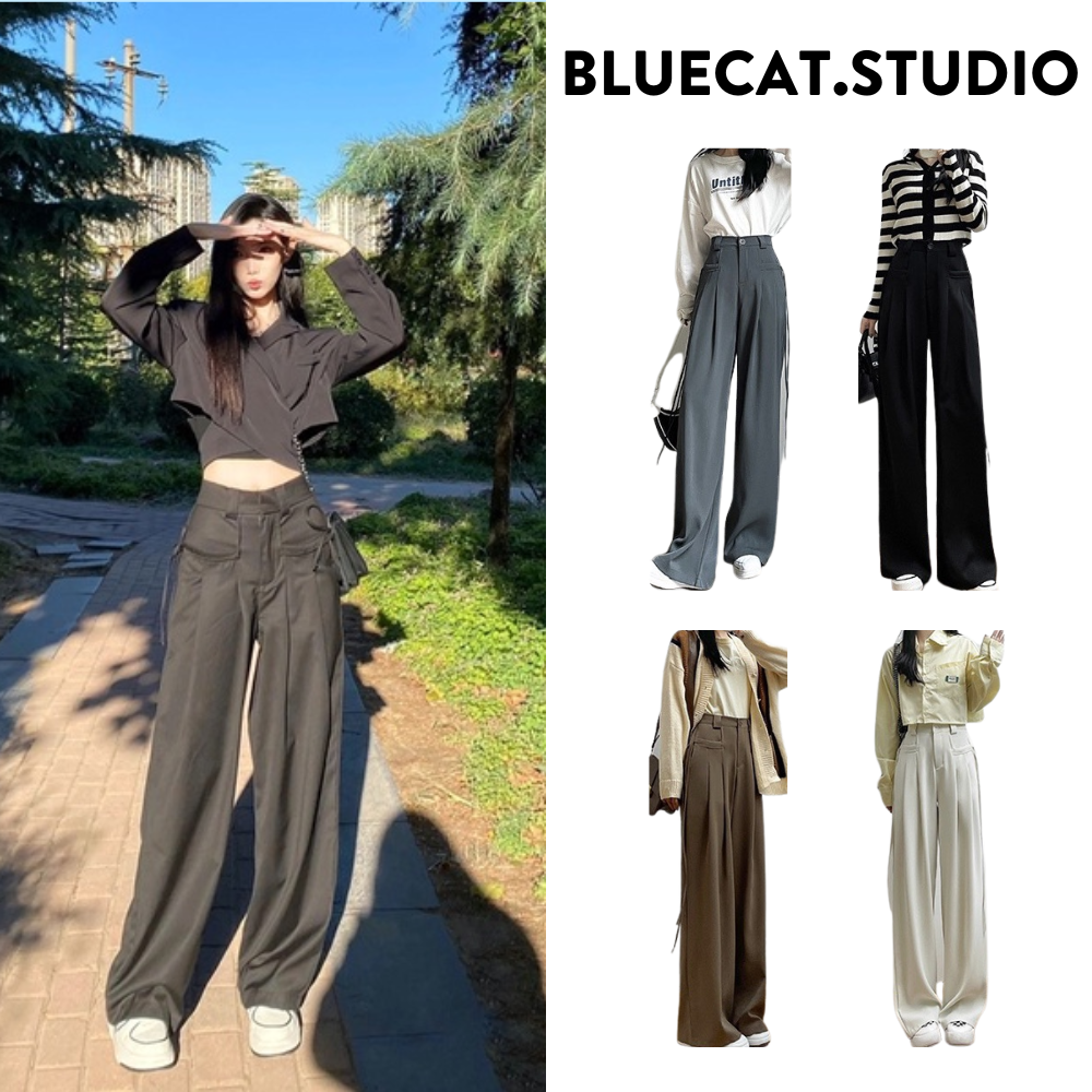Quần ống rộng nữ dây rút túi phong cách trẻ trung quần vải ống rộng dày dặn bluecat