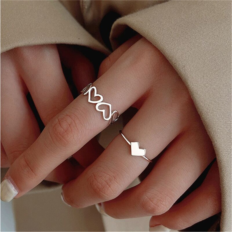 Set 2 Nhẫn Đeo Ngón Tay Mạ Bạc Hình Trái Tim Dễ Thương Cho Nữ N16