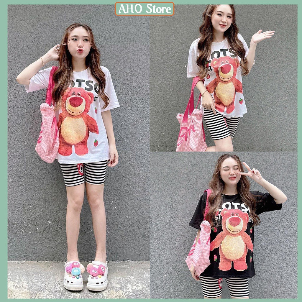 Bộ đồ cho bé gái ,sét bộ quần áo cotton Gấu dâu form rộng phối quần legging sọc cho bé gái 8-30kg