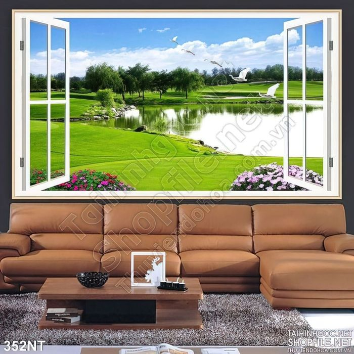 Giấy Dán tường Cửa sổ Phong Cảnh - Tranh 3d phòng khách - Decal Dán tường KHUNG CẢNH CỬA SỔ - 352NT