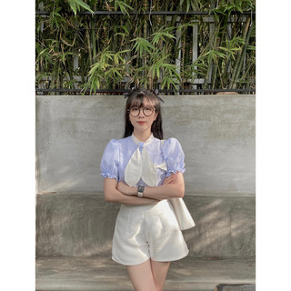 Set áo kẻ nơ + quần tafta (ẢNH THẬT)