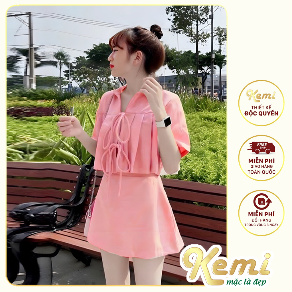 Bộ đồ nữ gồm áo xếp ly tay lửng buộc nơ kết hợp chân váy xòe hách dáng Kemi mặc đi biển, dã ngoại, camping, mặc nhà