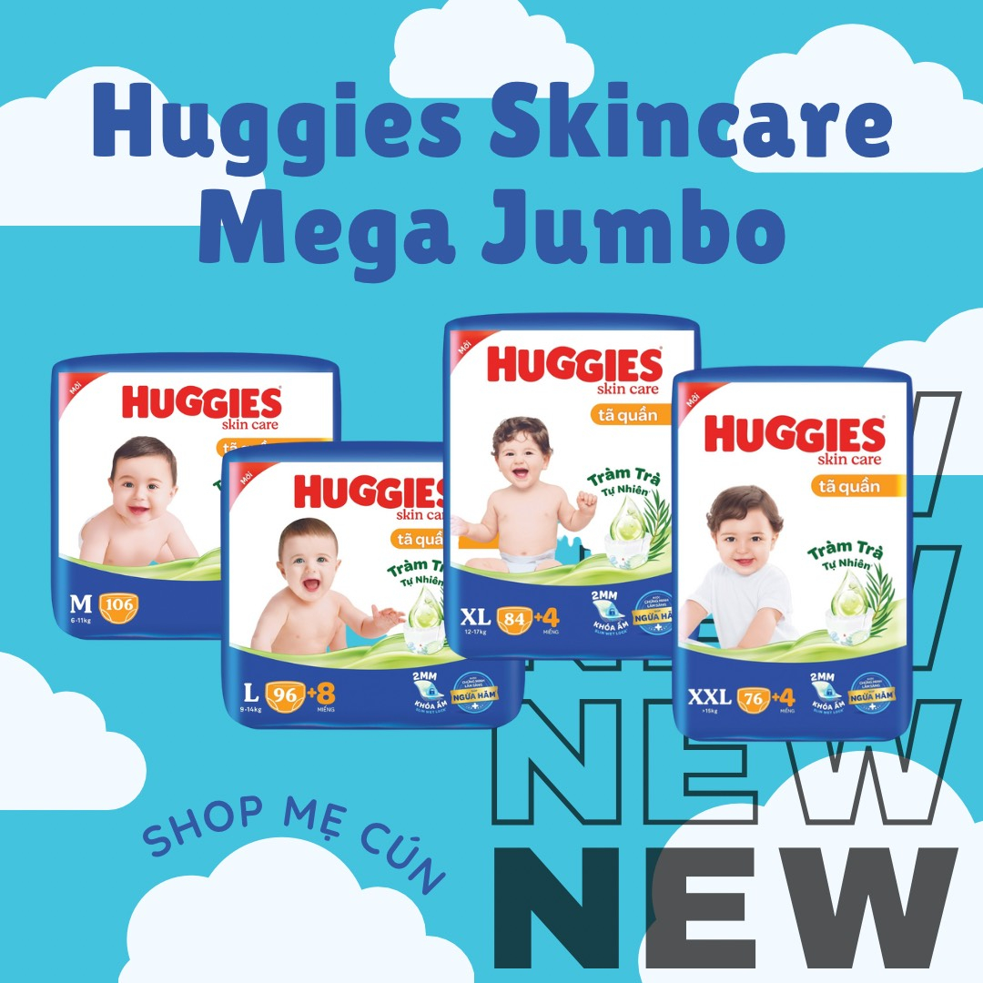 Tã quần Huggies Mega Jumbo Skin care M106, L96+8, XL84+4, XXL76+4, Thùng siêu tiết kiệm M120/L104/XL88/XXL80