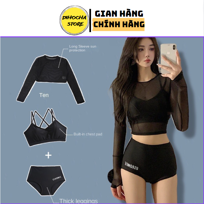 Đồ bơi đi biển bikini set 3 chi tiết áo 2 dây seexxy kèm áo lưới dài tay chống nắng quần cạp cao che bụng tốt đủ size
