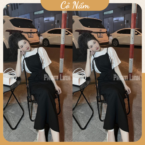 Set Váy Yếm Vải Rút Dây Eo Túi Hộp Váy Yếm Dáng Dài Mix Áo Phông Trắng Hottrend Freesize