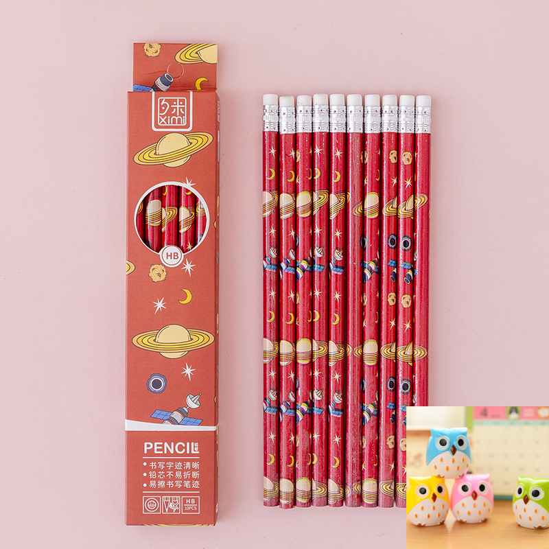 Combo 10 Bút Chì Gỗ HB Kèm Tẩy, 10 Bút Chì HB Kèm Tẩy Họa Tiết Hoạt Hình Dễ Thương + Gọt Chì Hình Cú Mèo Dễ Thương