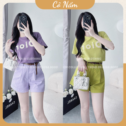 Set Bộ Đồ Nữ Áo Phông In Di.or Sắc Màu Mix Quần Sooc Đùi Kèm Đài Cùng Tone