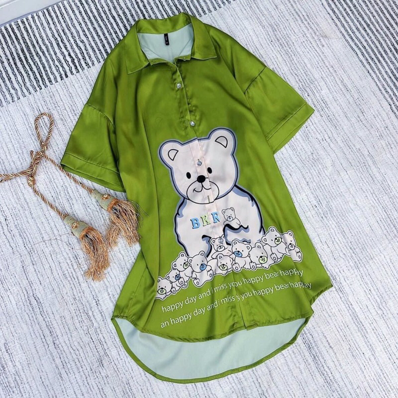 ❤️Hàng QC❤️Váy sơ mi gấu xanh tay lỡ đLEISURE_Thanhhien997_lụa satin cao cấp,do