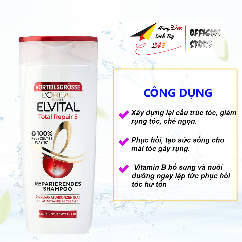 Dầu gội đầu dưỡng tóc, sạch gàu L'oreal Elvital Total Repair giảm rụng phục hồi tóc hư tổn 250ml