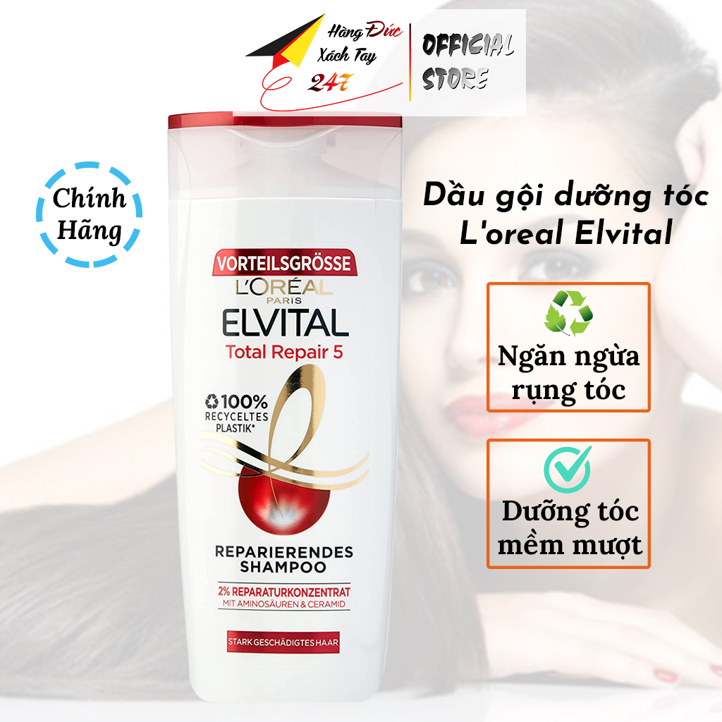 Dầu gội đầu dưỡng tóc, sạch gàu L'oreal Elvital Total Repair giảm rụng phục hồi tóc hư tổn 250ml