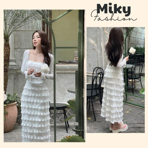 Váy Maxi Đi Biển 2 Dây, Đầm Dáng Dài Dự Tiệc Ren Tâng Kèm Áo Khoác Tay Dài Thiết Kế 2 Lớp Tiêu Thư Công Chúa