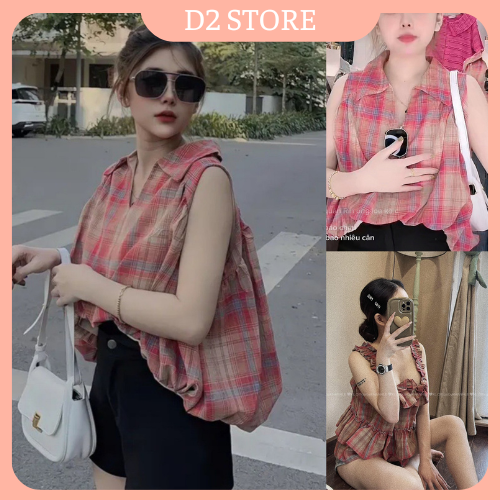 Áo Sơ Mi Sát Nách Áo Đũi Caro Đỏ Vạt Lêch Phồng Thân