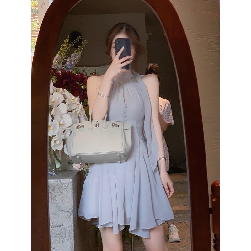 Đầm voan cổ yếm không tay màu xám xanh dương mùa hè cho nữ