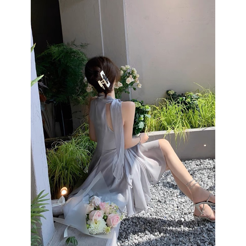 Đầm voan cổ yếm không tay màu xám xanh dương mùa hè cho nữ