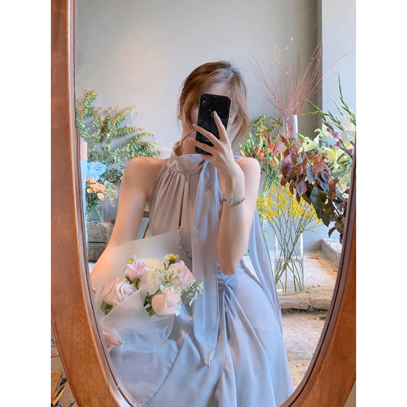 Đầm voan cổ yếm không tay màu xám xanh dương mùa hè cho nữ