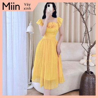 Váy tơ tay tiên 2 hoa cài chân dập ly