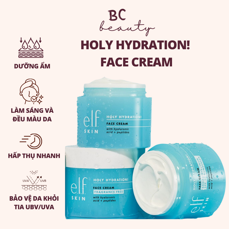 Kem Dưỡng Ẩm e.l.f Holy Hydration Face Cream | Nuôi Dưỡng, Cấp Ẩm, Làm Đều Màu Da (2 Dòng Chống Nắng & Không Mùi) Lọ 50g