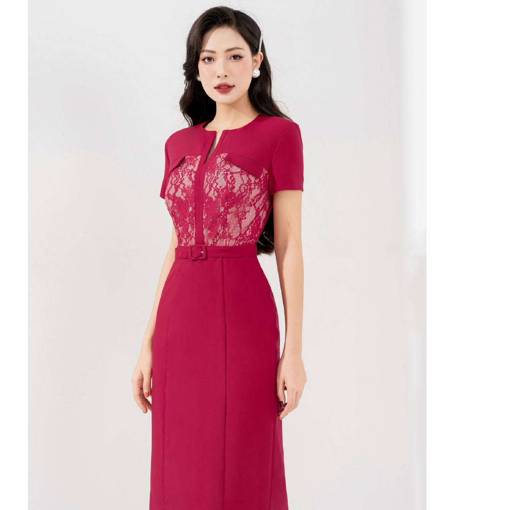 Đầm ôm công sở HeraDG thiết kế cổ V tay ngắn phối ren thân trên kèm đai eo rời SDPBC2071