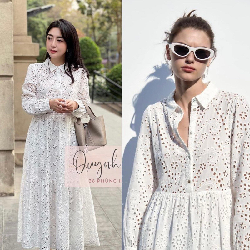 Váy maxi ren trắng dài tay Za.ra