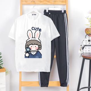 Sét Bộ Quần Áo Nữ Mùa Hè, Mặc Ở Nhà, Áo Phông Cotton Mát Mịn In Thỏ Cooky Bò Kèm Quần Thun Sọc Phong Cách Hàn Quốc