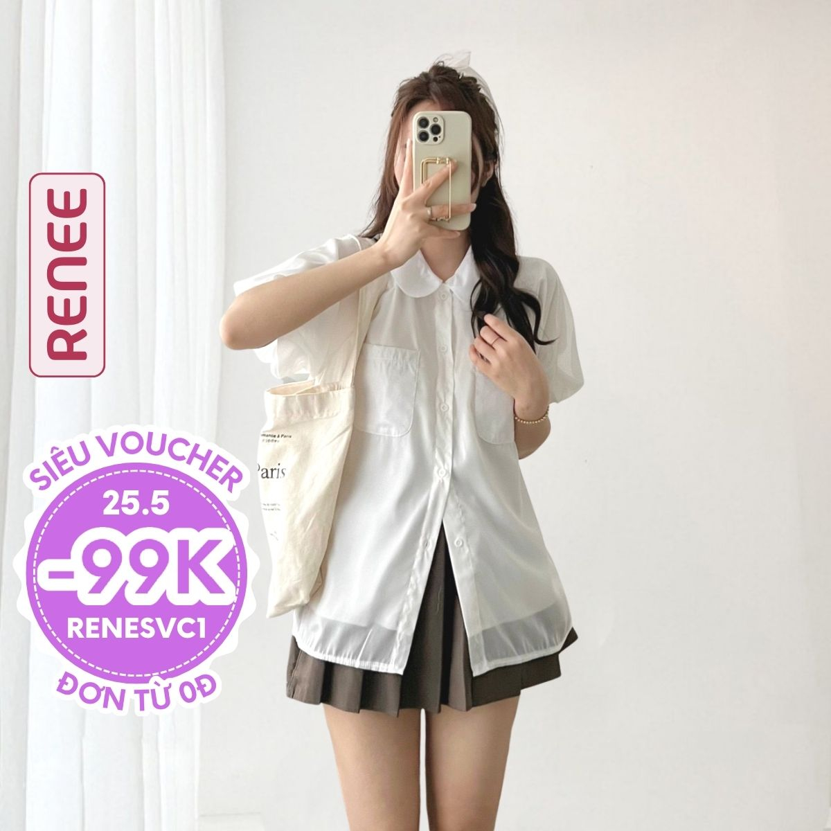 Áo sơ mi babydoll cổ sen tay ngắn vải voan hai lớp, áo cổ bèo tiểu thư freesize - AS52