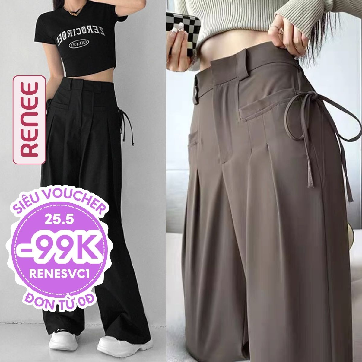 Quần ống rộng lưng cao dây buộc túi 2 bên Ulzzang chất Ruby Renee – Q778