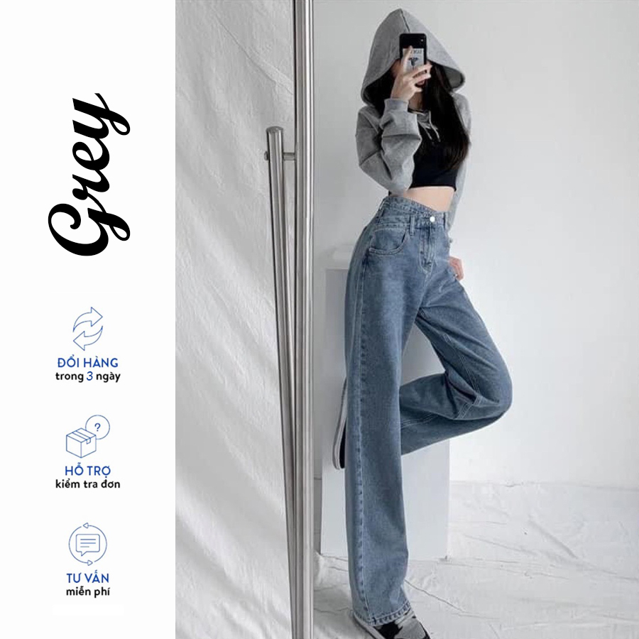 Quần jean nữ lưng cao ống rộng cạp chéo dáng suông BANANA, quần bò nữ ống đứng ulzzang vải bò dày đẹp không giãn T101