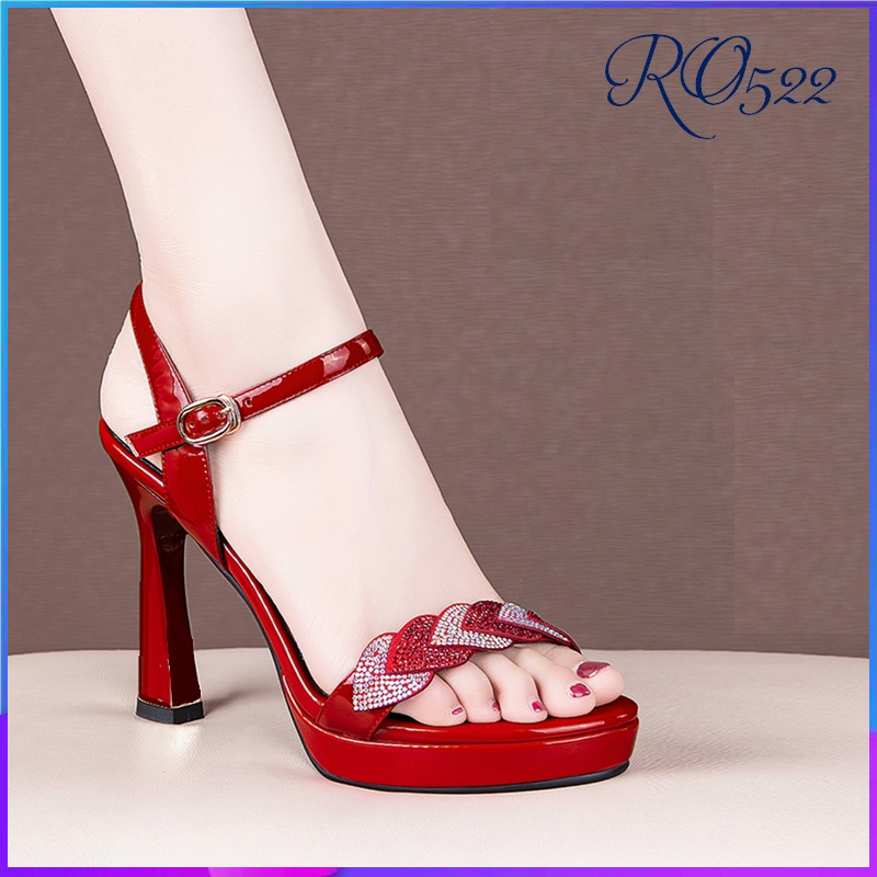 Giày sandal nữ cao gót 9cm hàng hiệu rosata hai màu đỏ xanh thời trang ro522
