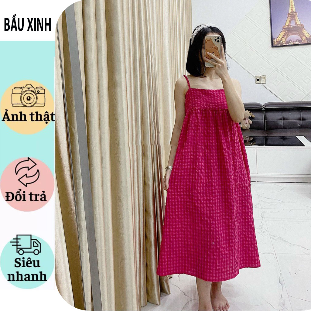 VÁY BẦU MÙA È 2 DÂY KẺ CARO XỐP MẶC ĐI BIỂN DẠO PHỐ MẶC NHÀ DÁNG BABYDOLL XUÔNG SIÊU MÁT CỰC XINH BIGSIZ