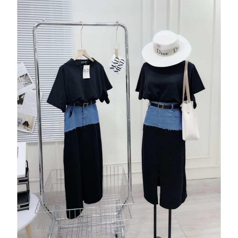 Set áo thun mix chân váy thô pha bò năng động Cá tính