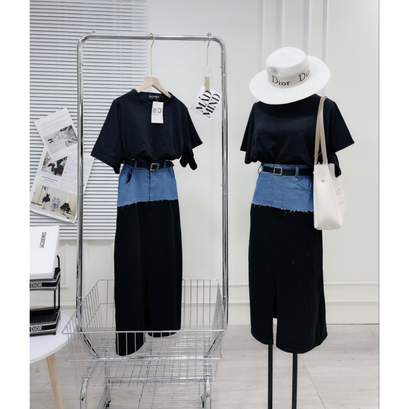 Set áo thun mix chân váy thô pha bò năng động Cá tính
