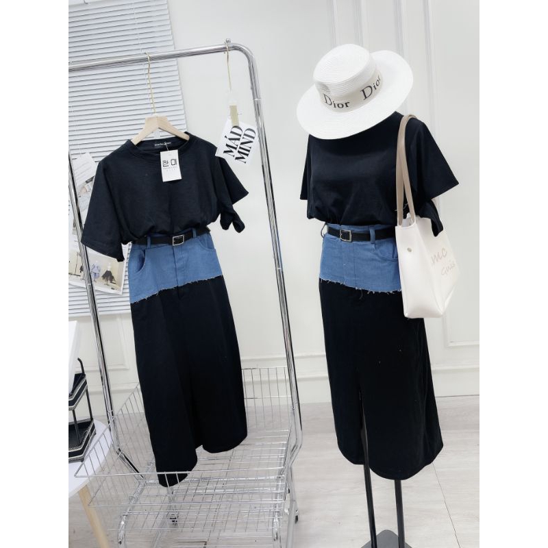 Set áo thun mix chân váy thô pha bò năng động Cá tính