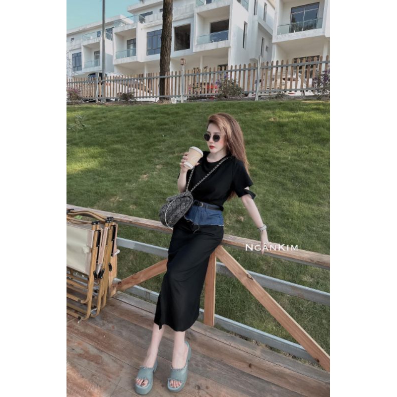 Set áo thun mix chân váy thô pha bò năng động Cá tính