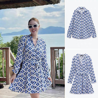 Đầm xoè có đai thắt eo hoạ tiết xanh hàng TQ
