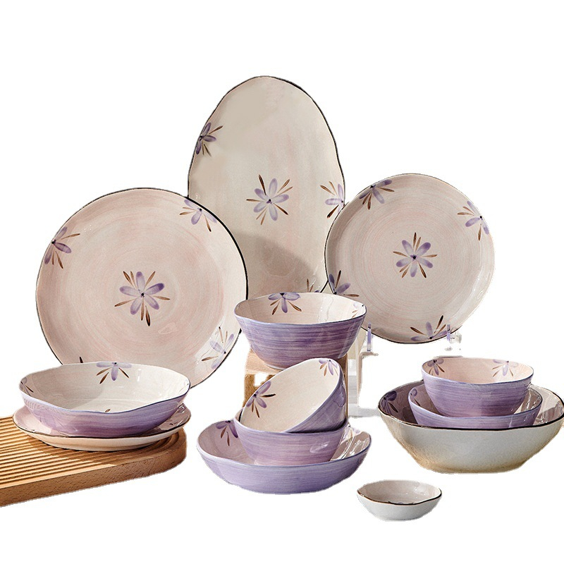 Bộ chén dĩa sứ hoa tím decor cao cấp sang trọng GOSUMI HT001