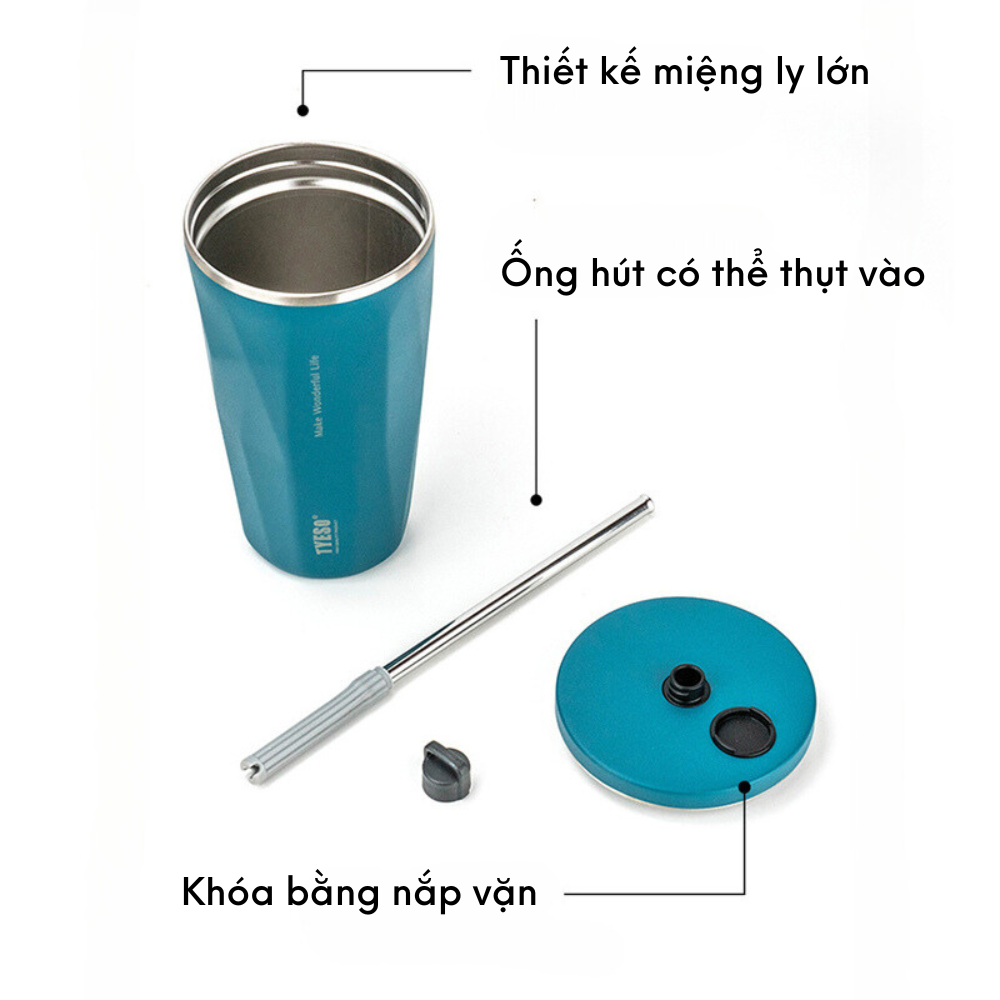 Ly giữ nhiệt cà phê TYESO-8848A dung tích 600ML, chất liệu inox 304 cao cấp kèm theo ống hút inox, cọ rửa và túi đựng