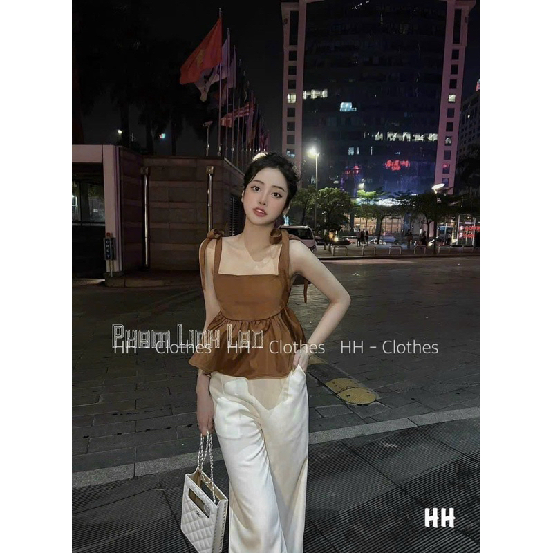 Sét bộ thời trang nữ mặc đi chơi chất cotton lạnh 2 dây có mút cột nơ vai mix quần trắng