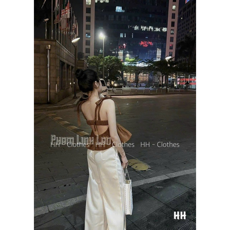 Sét bộ thời trang nữ mặc đi chơi chất cotton lạnh 2 dây có mút cột nơ vai mix quần trắng