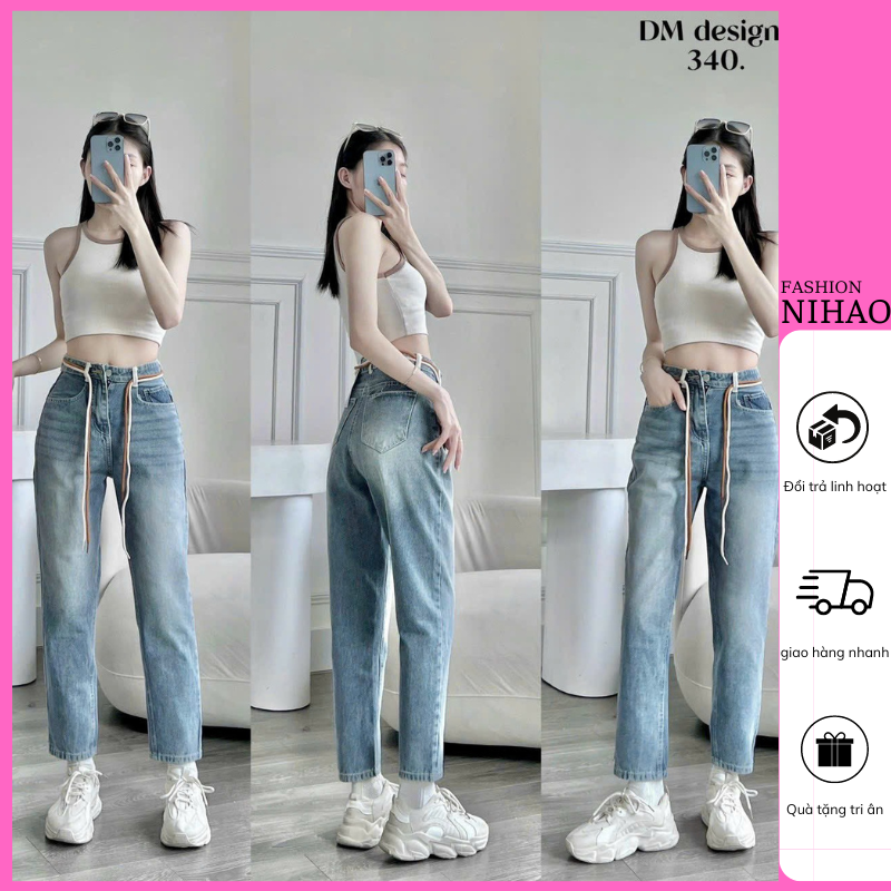 Quần Jean Baggy Nữ Nihao Lưng Cao Ống Nhỏ Chất Jean Loại1 Mềm Mại Không Co Giãn Mẫu Có Dây Lưng 340