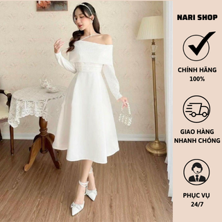 Đầm dự tiệc trễ vai tay dài dây cổ xéo